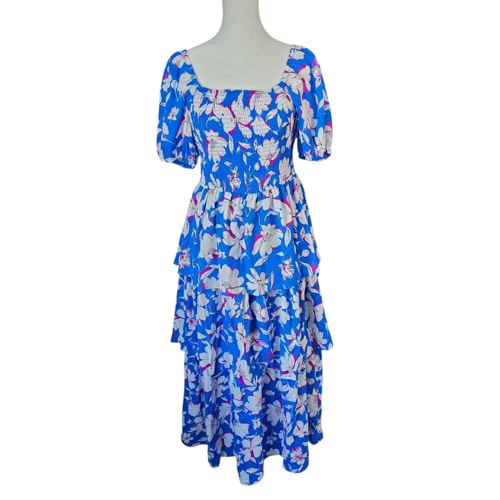 BTFBM Women’s Small Blue Floral Smocked Midi Dress Puff Sleeve Cottagecore